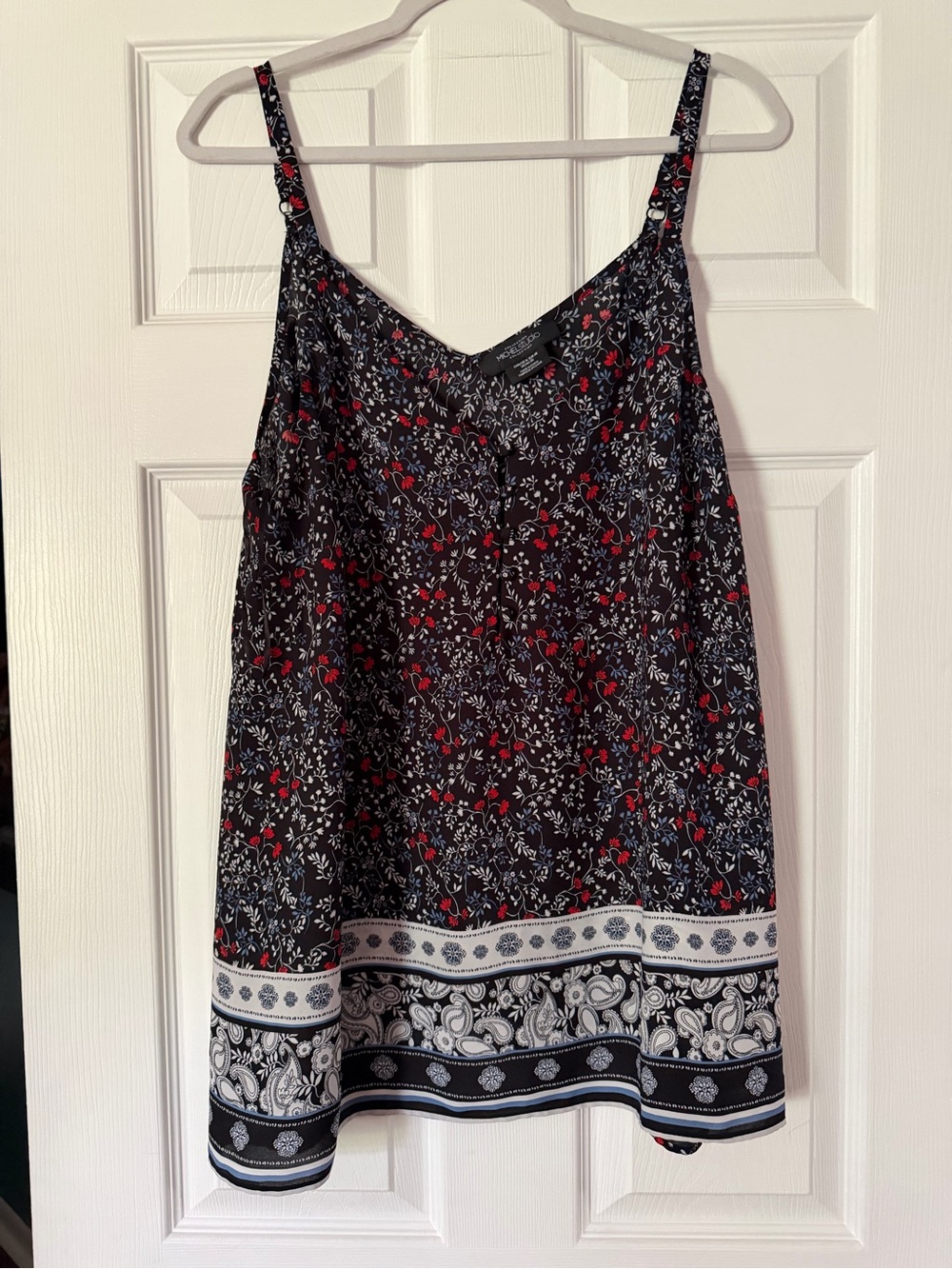 Michel Studio Black Floral V-Neck Cami with Red and Light Blue Blooms